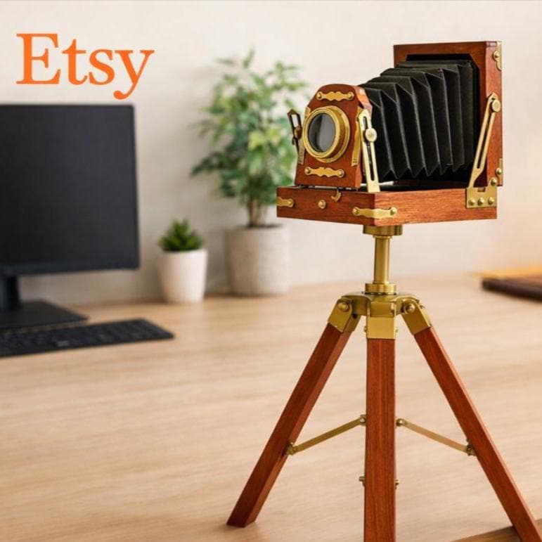 Brass & Wood Camera on Rustic Tripod view 2
