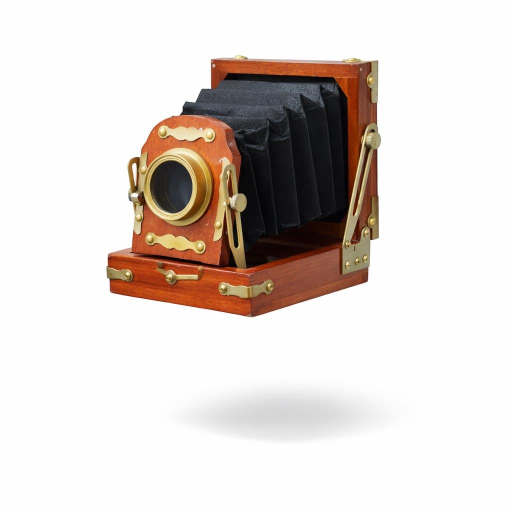 Brass & Wood Camera on Rustic Tripod view 3