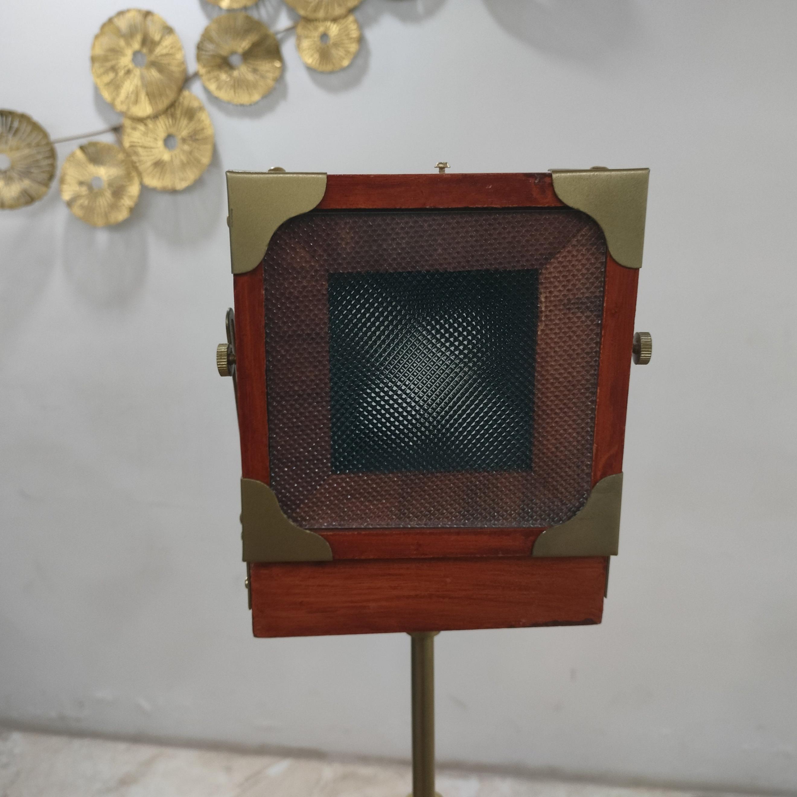 Brass & Wood Camera on Rustic Tripod view 4