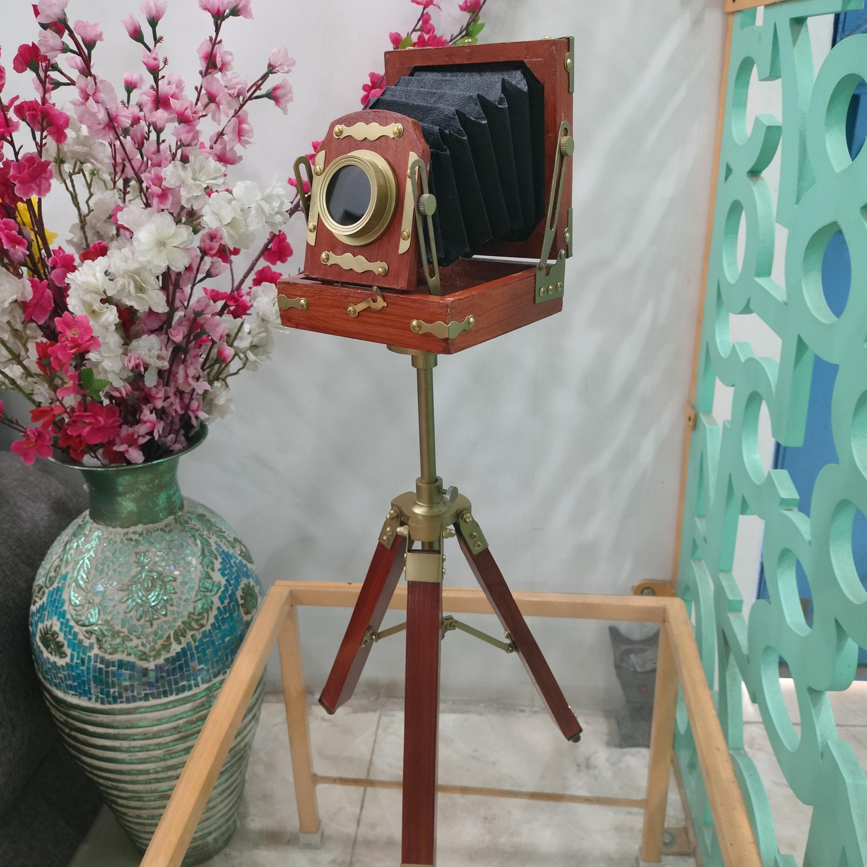 Brass & Wood Camera on Rustic Tripod view 8