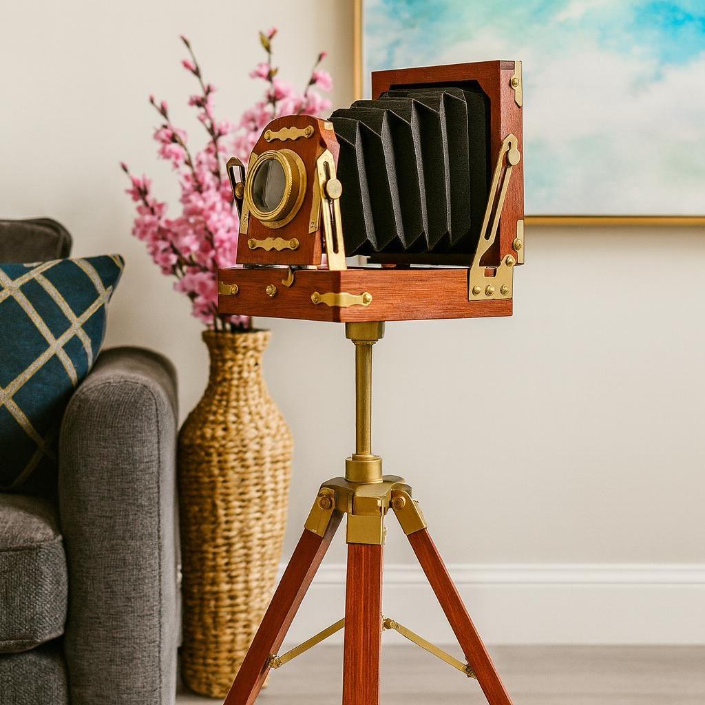 Brass & Wood Camera on Rustic Tripod view 9