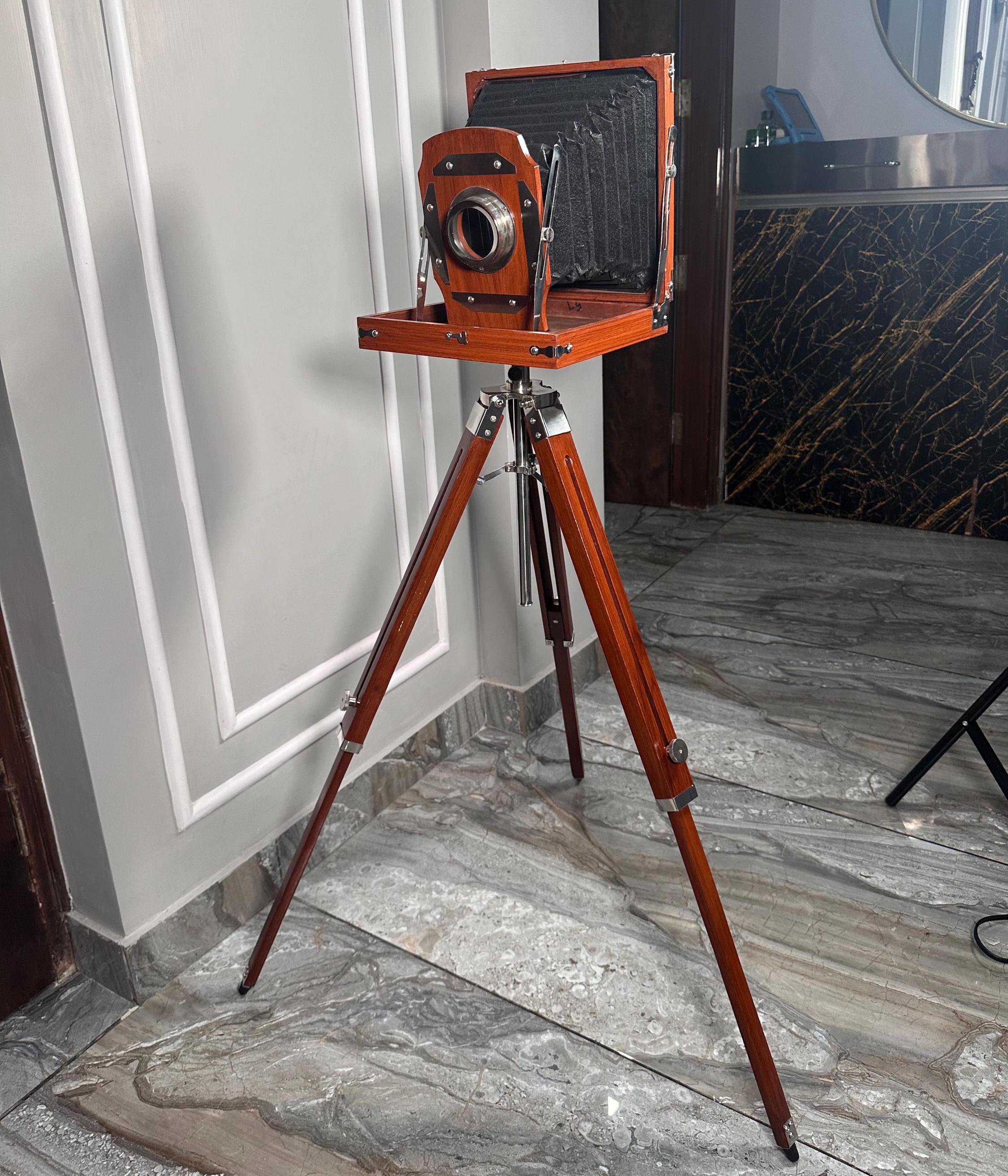 Large Wooden Bellows Camera on Tripod Stand view 6