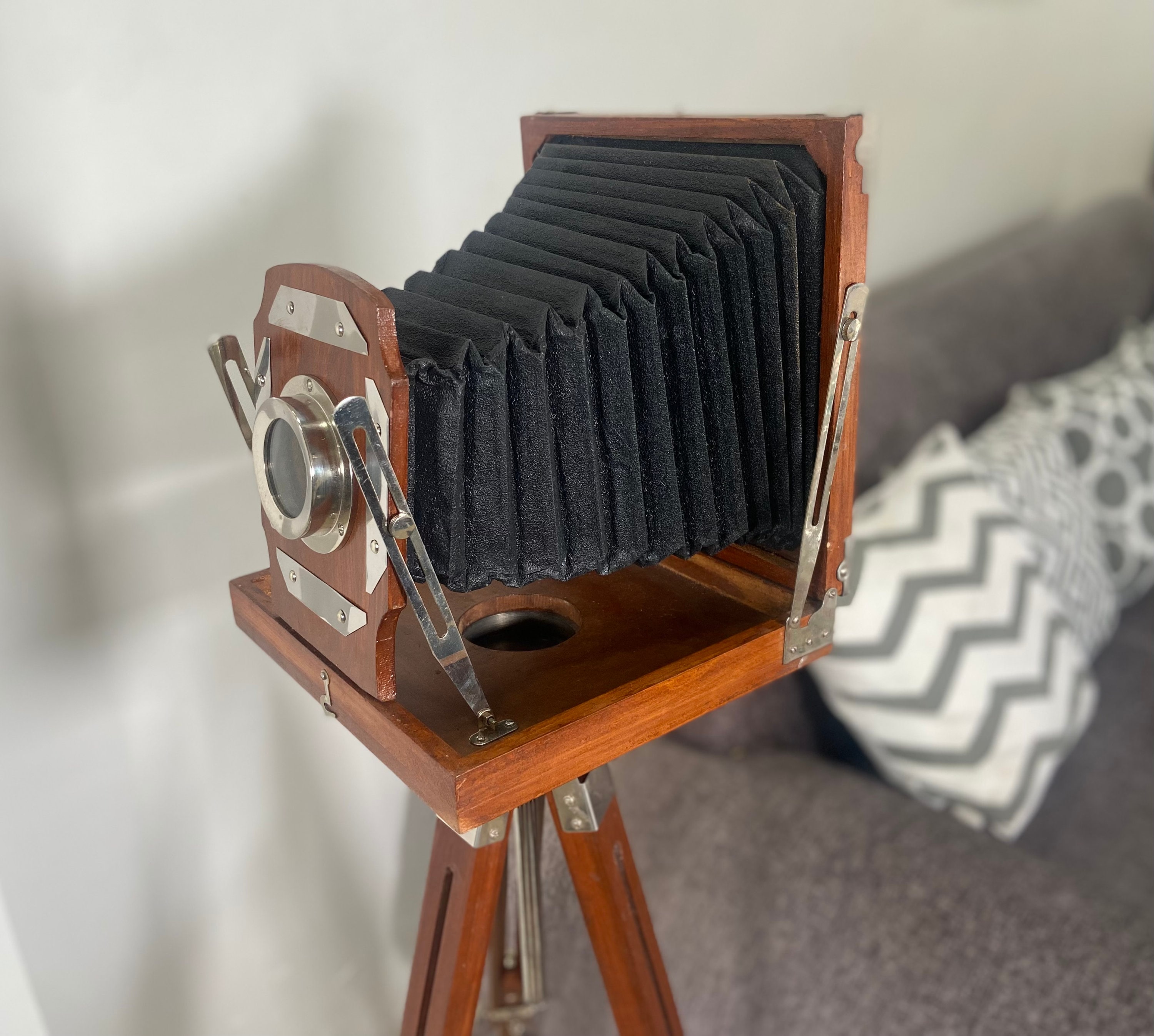 Large Wooden Bellows Camera on Tripod Stand view 9