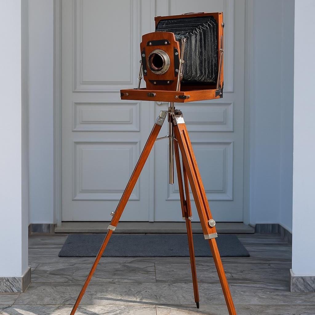 Classic Wooden Camera on Decorative Tripod view 2