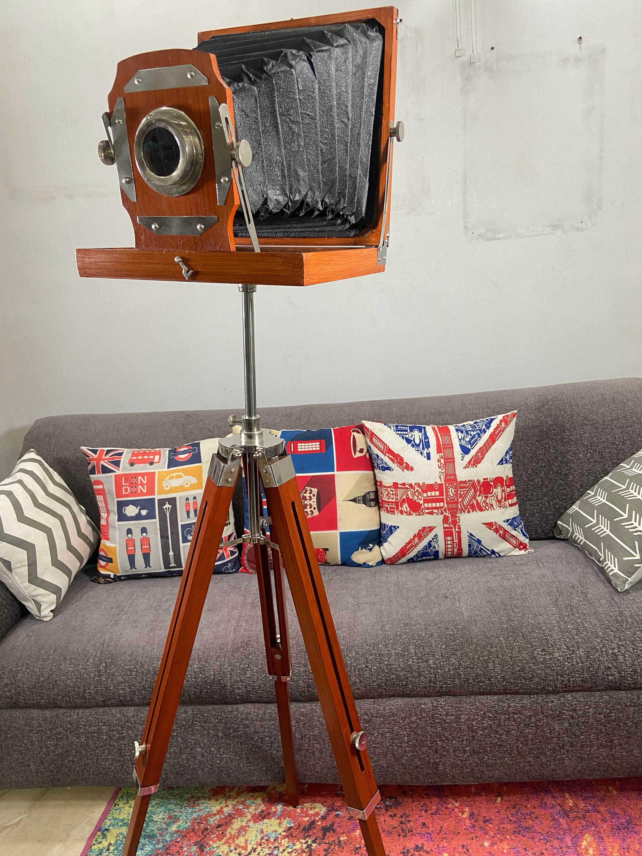Tall Wooden Film Camera on Floor Tripod view 2
