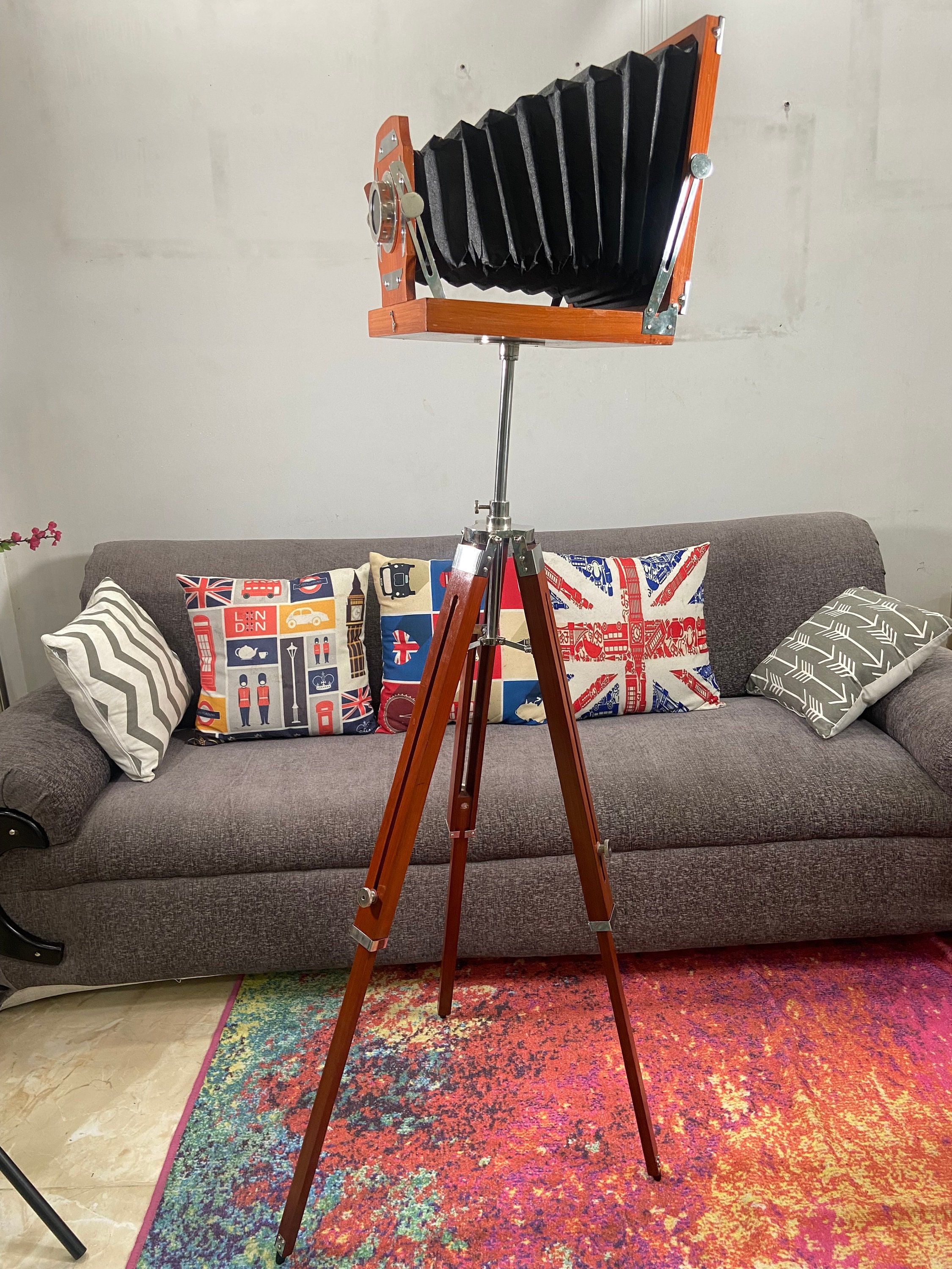 Tall Wooden Film Camera on Floor Tripod view 3
