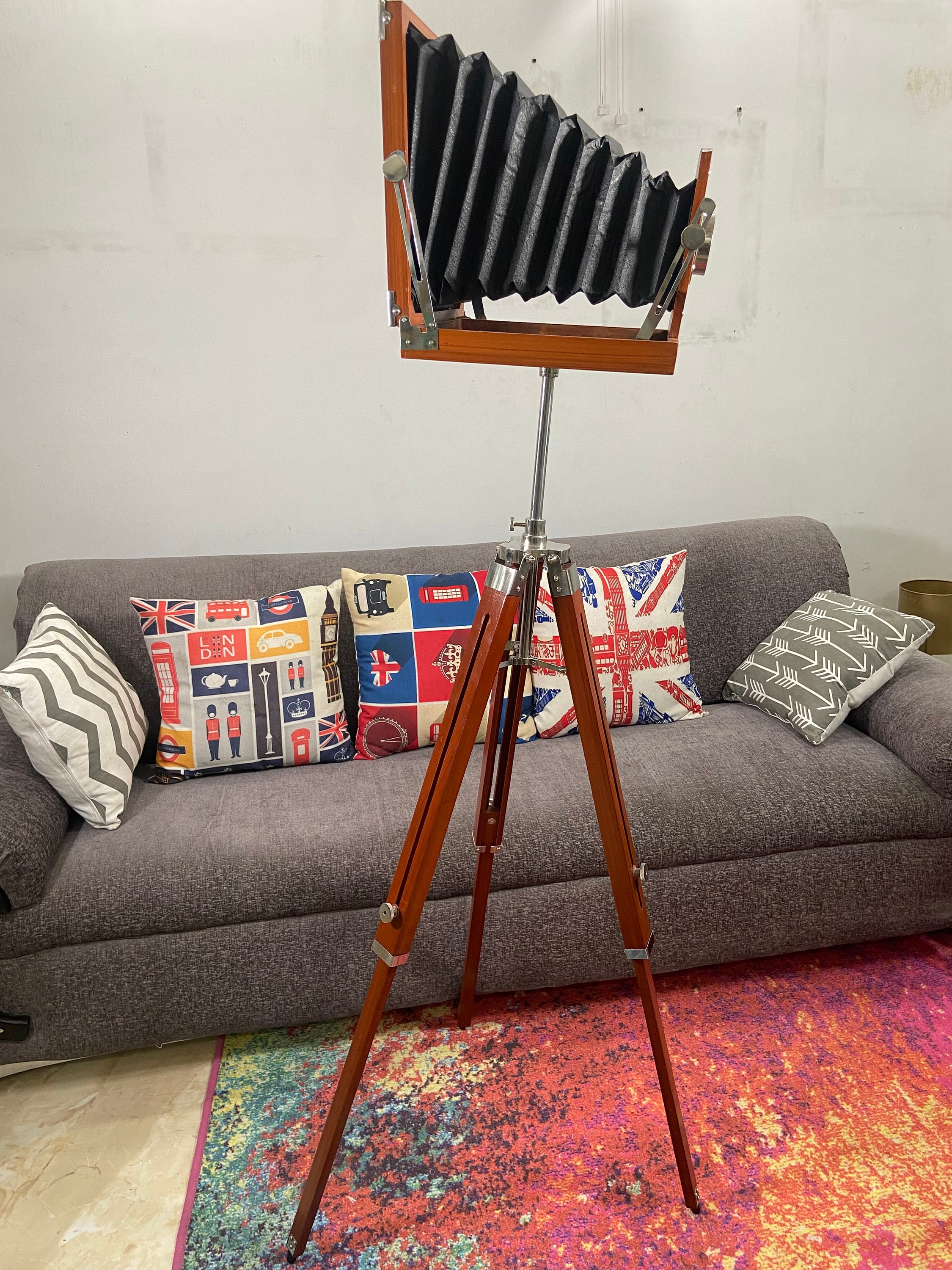 Tall Wooden Film Camera on Floor Tripod view 4