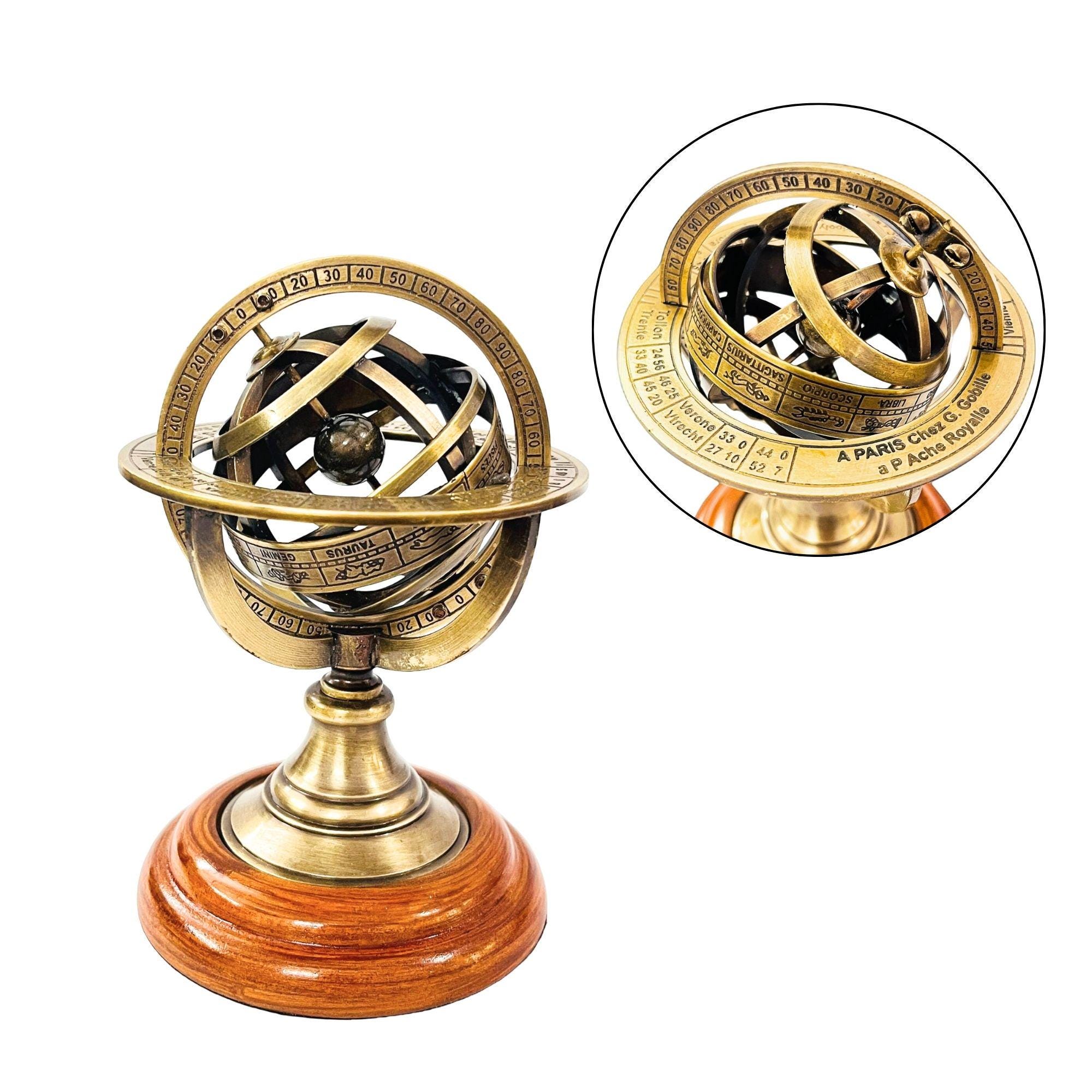 Handmade Brass Armillary Sphere on Black Wooden Base view 3