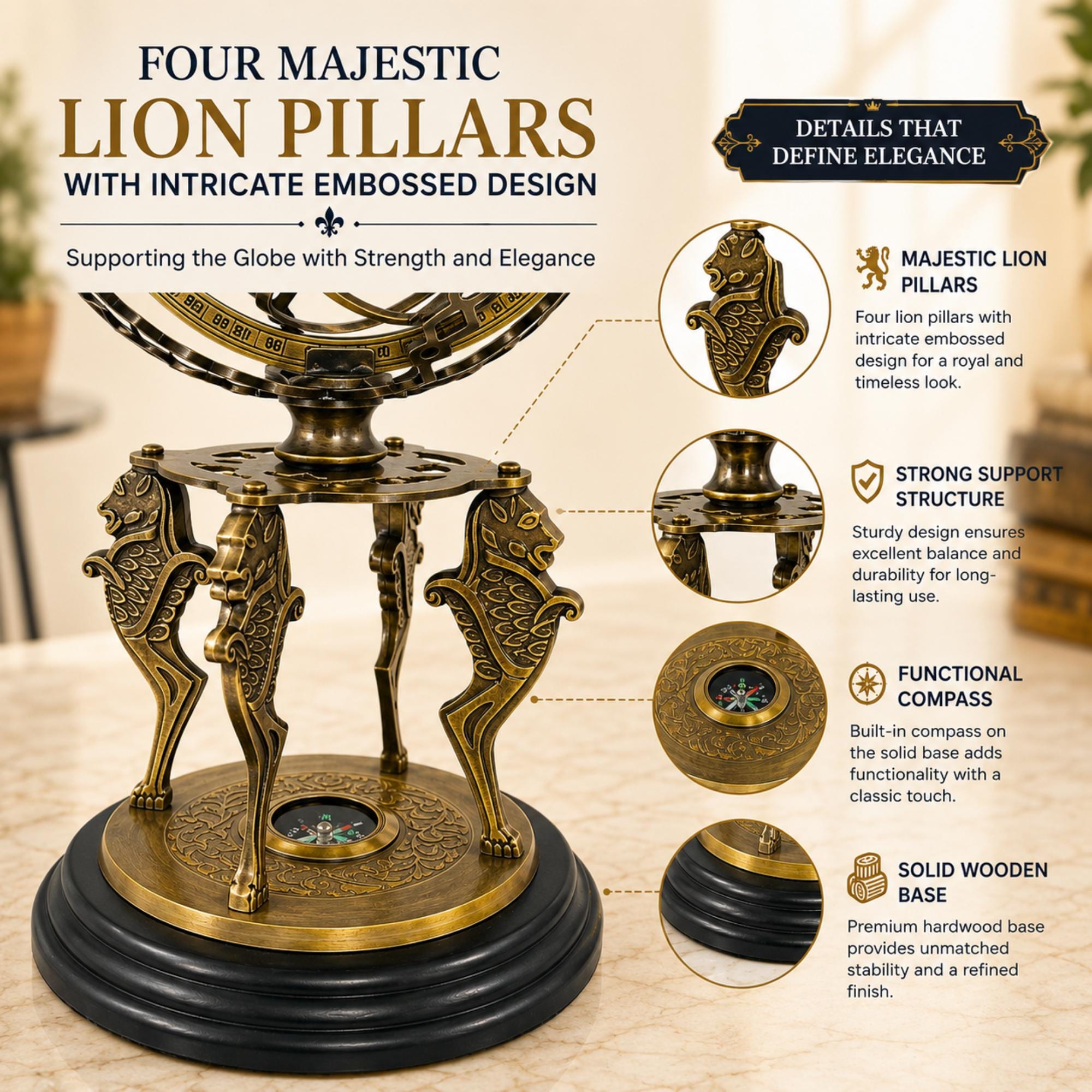 Zodiac Armillary Sphere on Four-Horse Compass Base view 7
