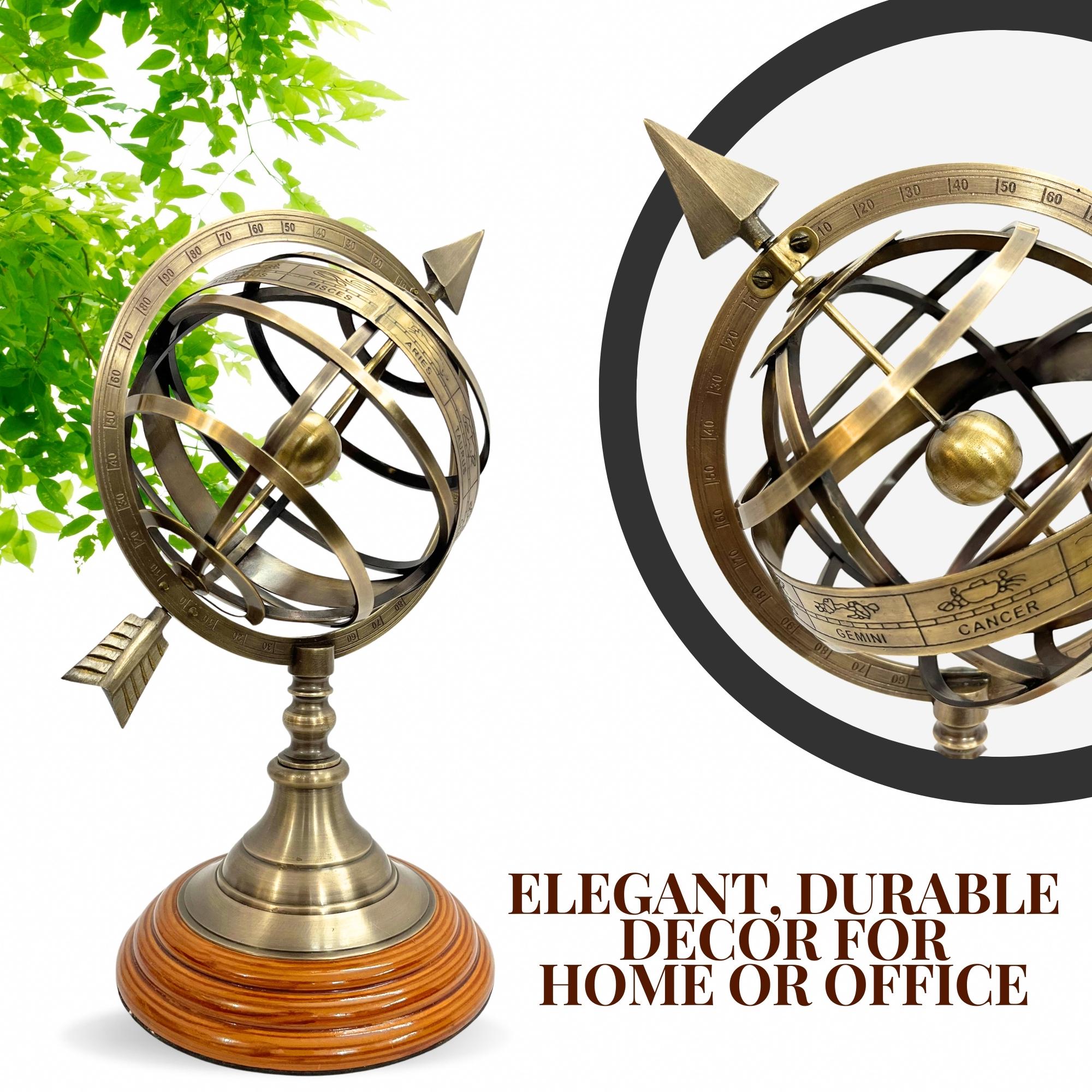 Handcrafted Brass Armillary Sphere Globe with Arrow on Rosewood Base view 6