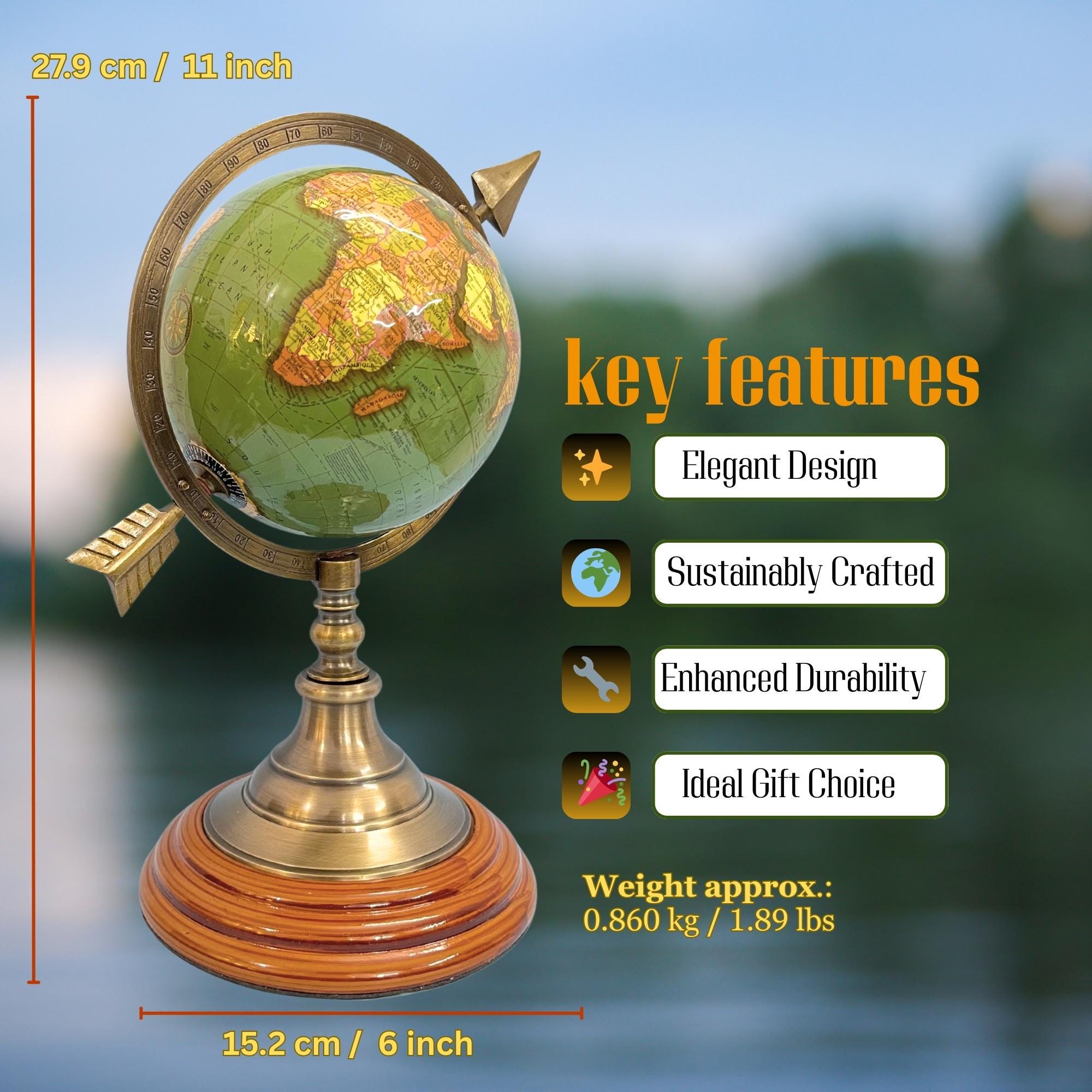 Brass Armillary Globe with Green World Map and Arrow view 4