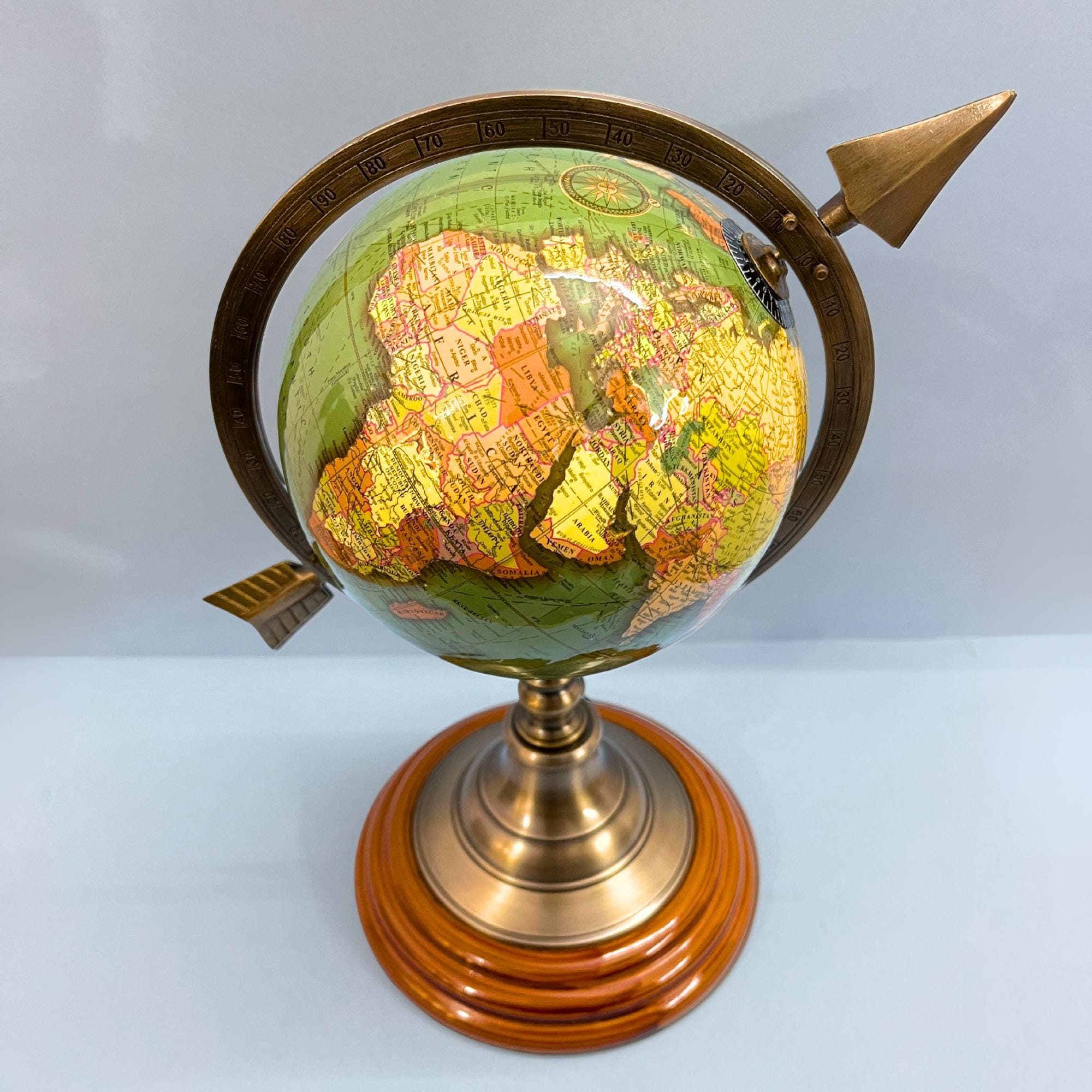 Brass Armillary Globe with Green World Map and Arrow view 5