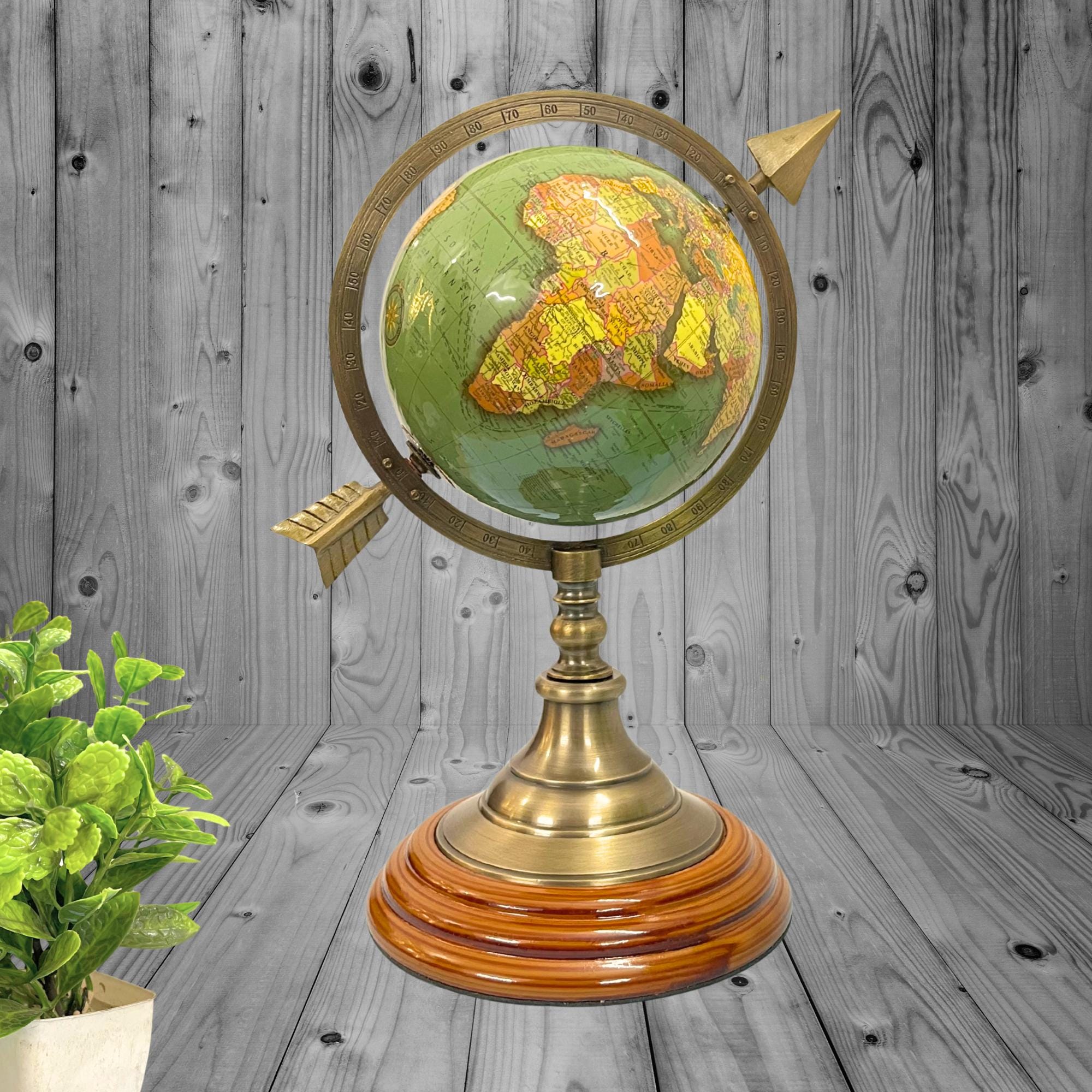 Brass Armillary Globe with Green World Map and Arrow view 7
