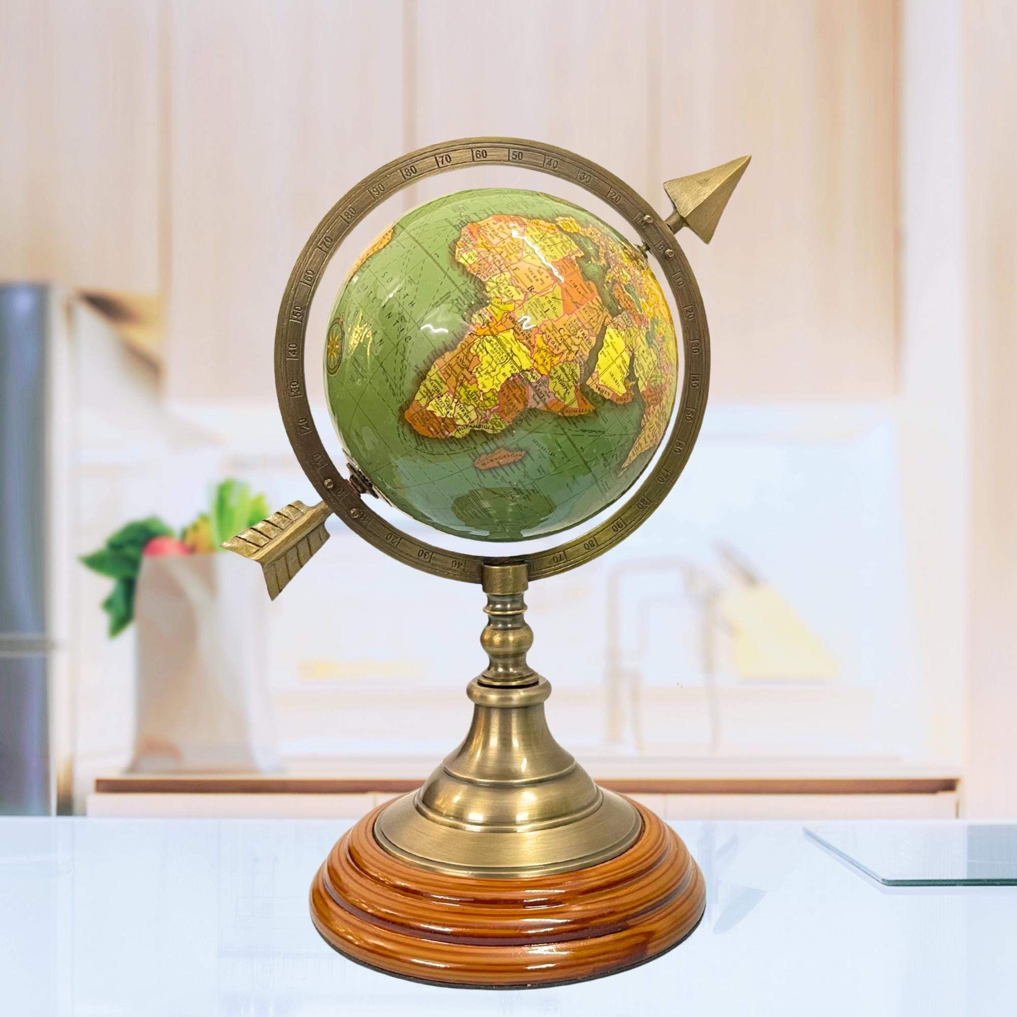 Brass Armillary Globe with Green World Map and Arrow view 9