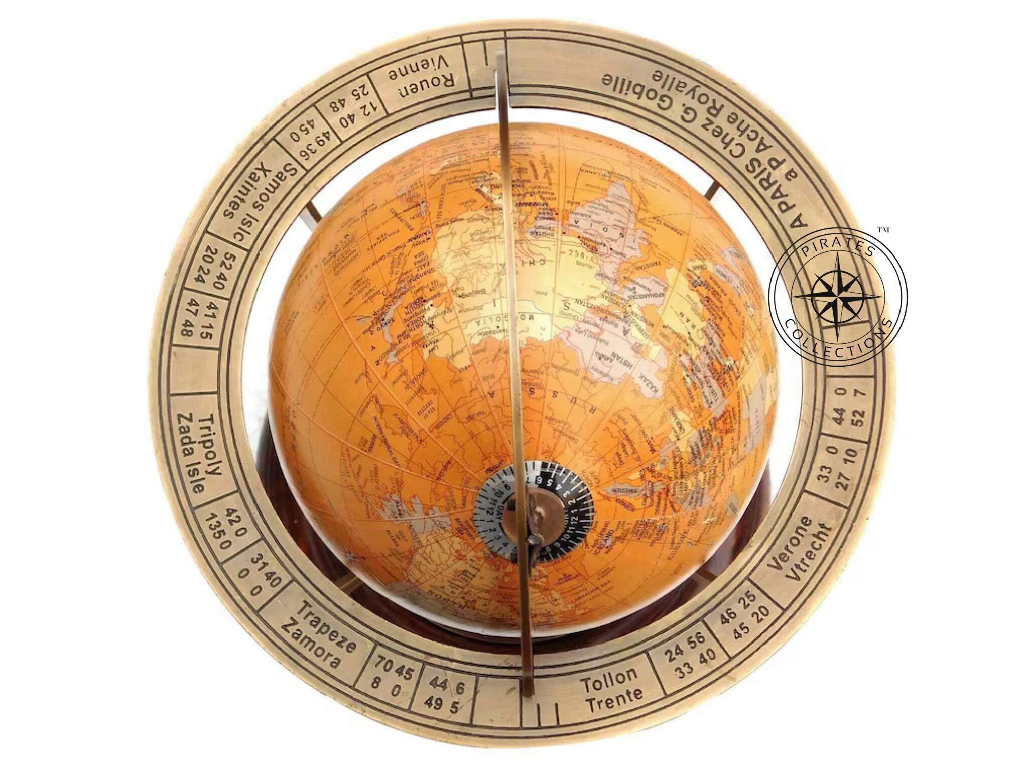 Brass Armillary Globe with Orangish World Map on Rosewood Base view 4