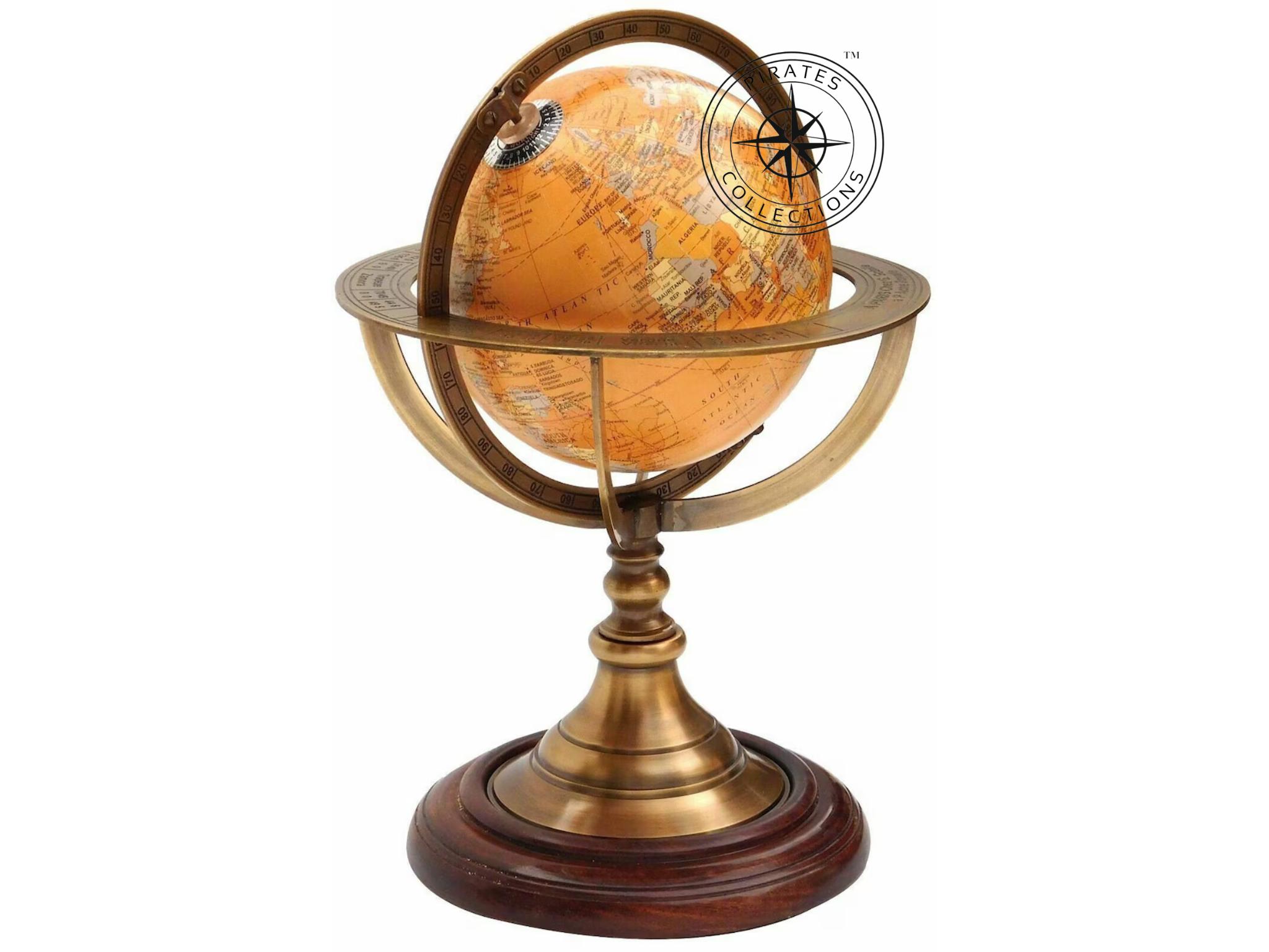 Brass Armillary Globe with Orangish World Map on Rosewood Base view 6