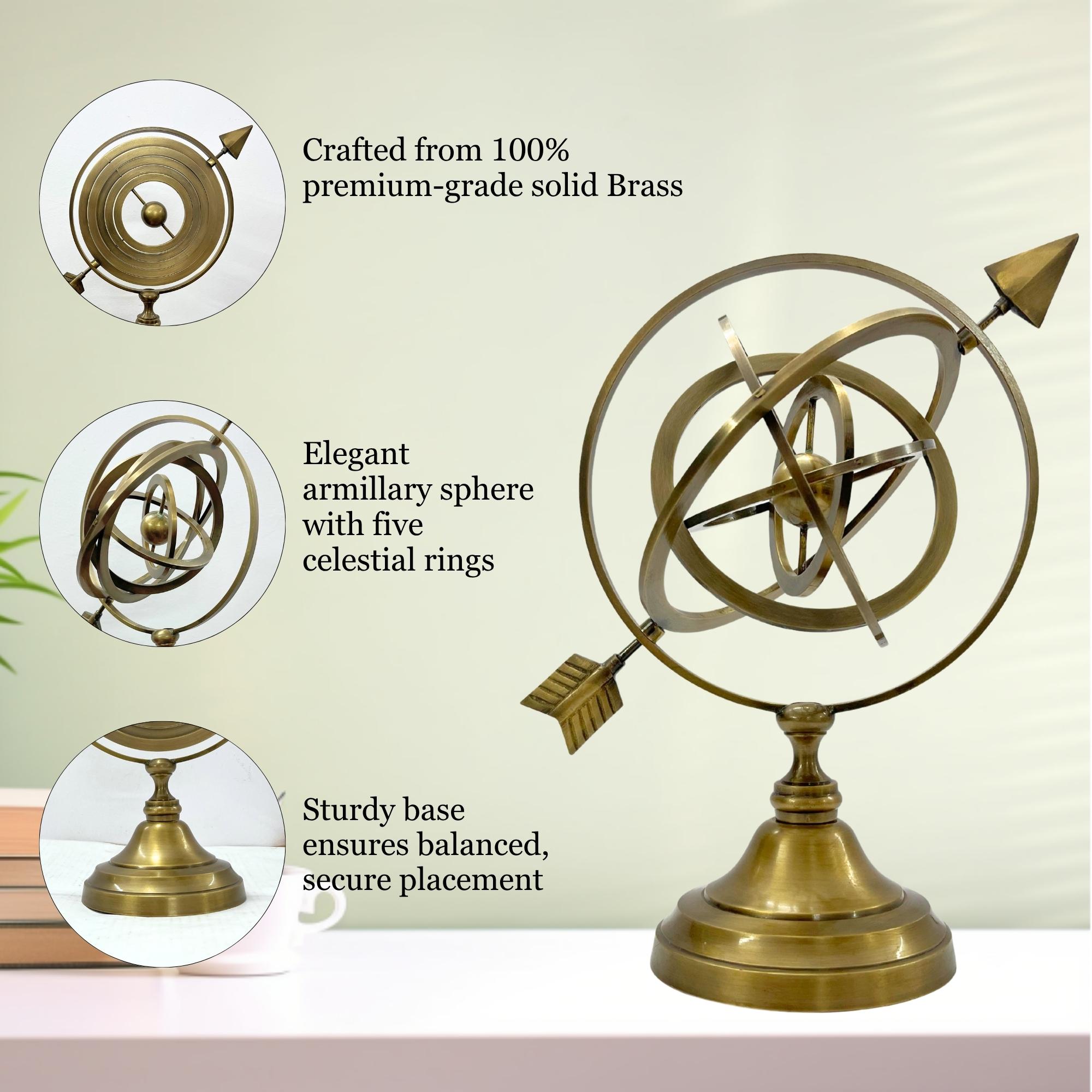 Brass Armillary Sphere with Pierced Arrow on Astrolabe Base view 5
