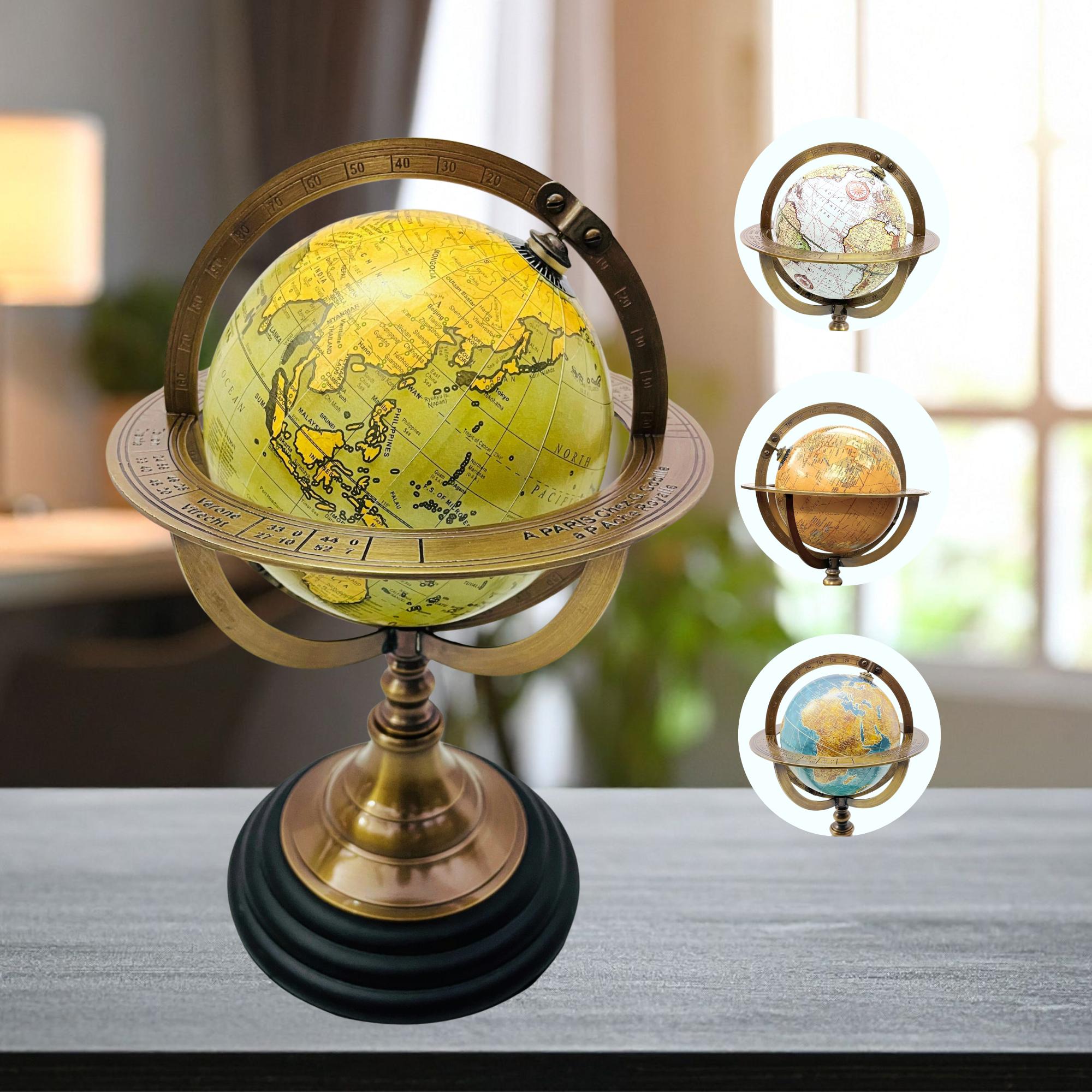 Brass Armillary Globe with Green World Map on Rosewood Base view 7