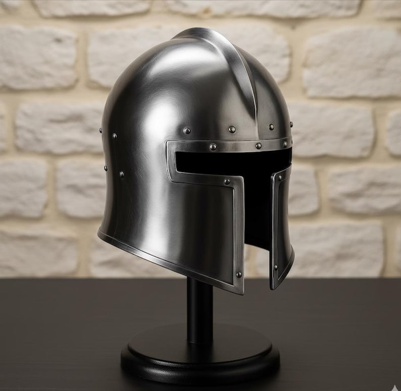 Steel Barbuta Helmet with Wooden Stand view 2