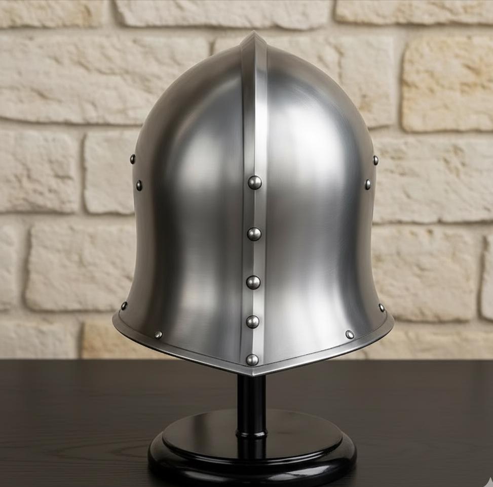 Steel Barbuta Helmet with Wooden Stand view 3
