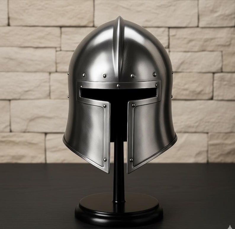 Steel Barbuta Helmet with Wooden Stand view 6