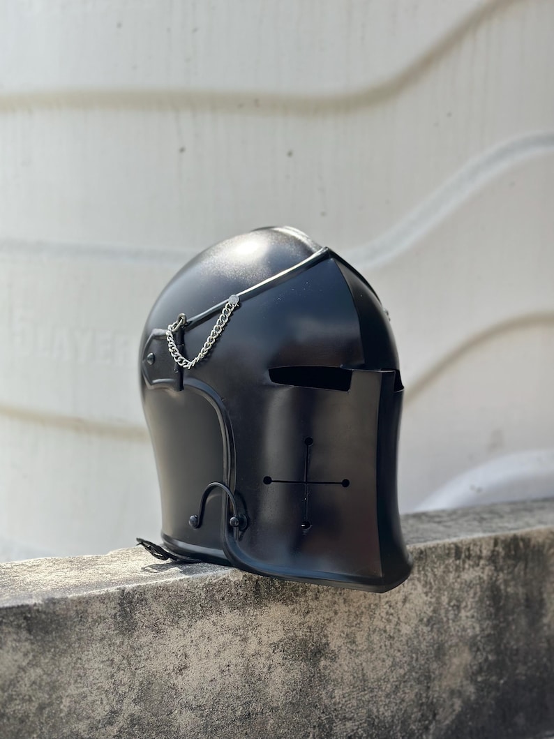 Black Medieval Barbuta Knight Helmet — Gothic Armor view 2