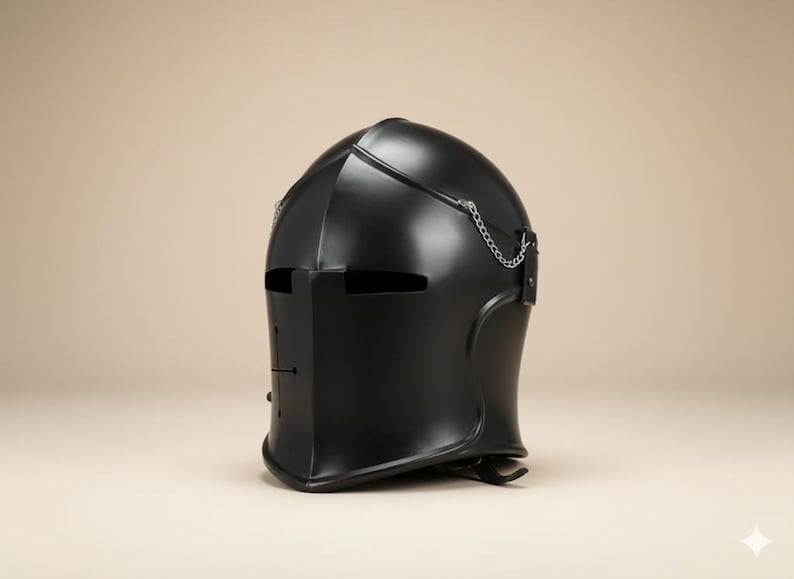 Black Medieval Barbuta Helmet with Full Face Chain Visor view 3
