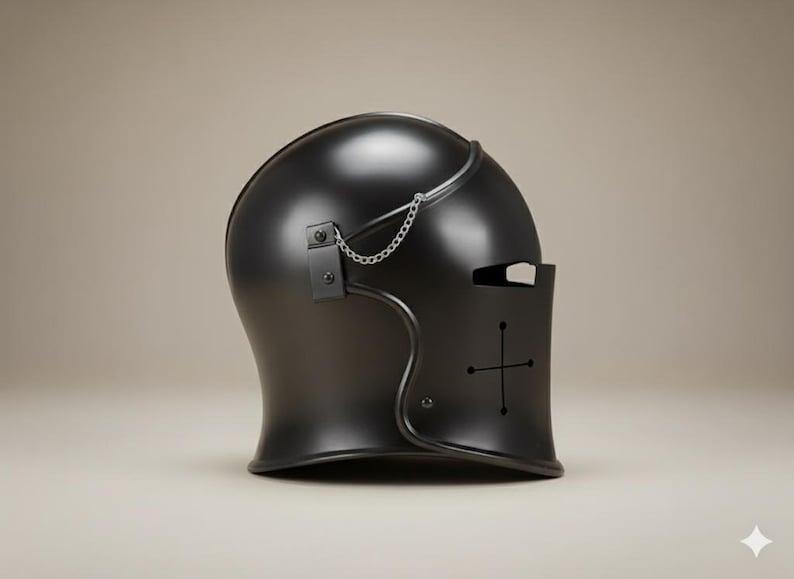 Black Medieval Barbuta Helmet with Full Face Chain Visor view 5