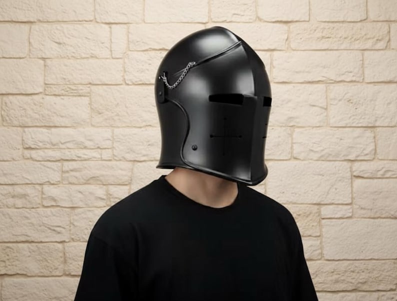 Black Medieval Barbuta Helmet with Full Face Chain Visor view 6