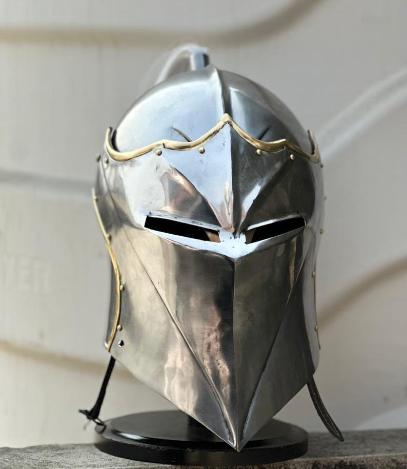 Gothic Knight Helmet — Steel Visor with Plume and Brass view 2