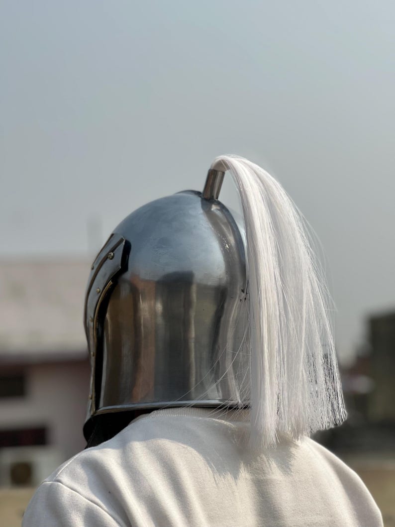 Gothic Knight Helmet — Steel Visor with Plume and Brass view 5