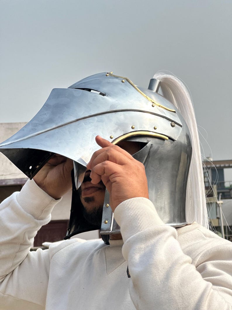 Gothic Knight Helmet — Steel Visor with Plume and Brass view 6