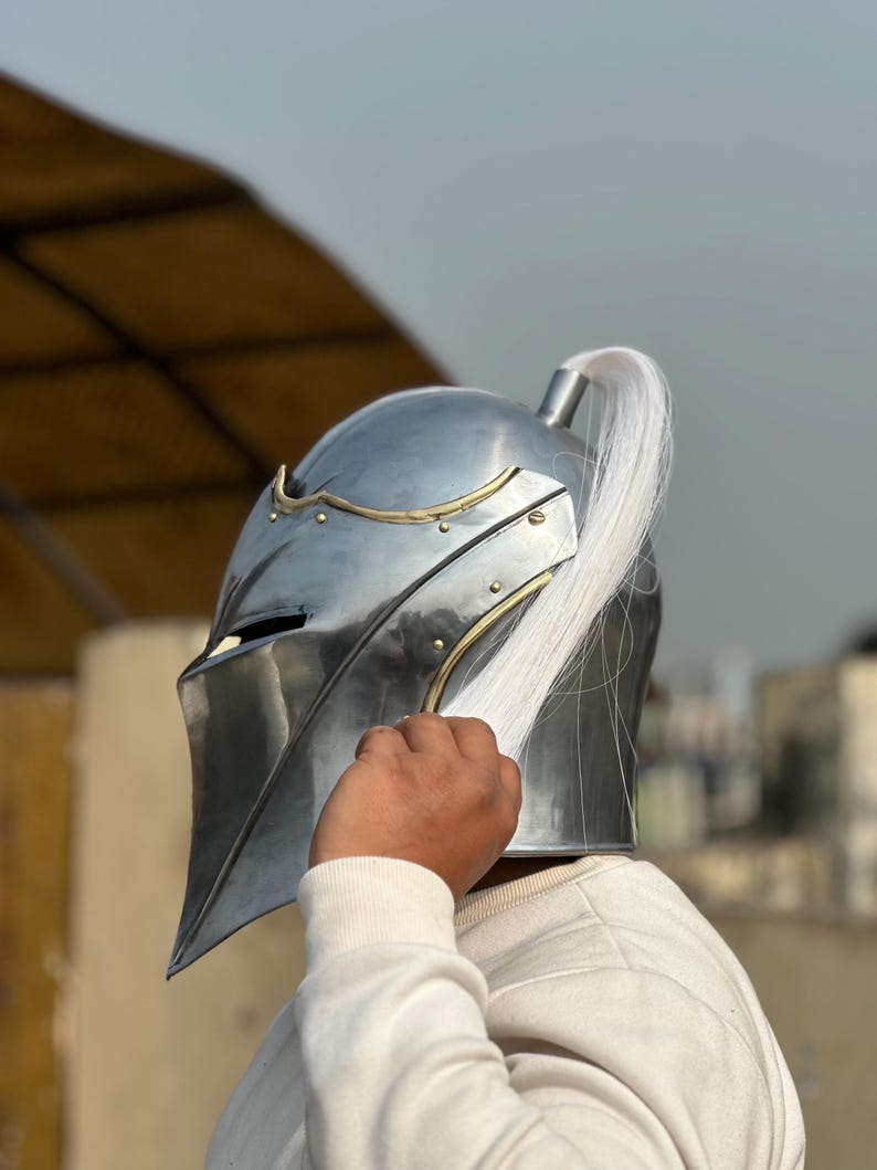 Gothic Knight Helmet — Steel Visor with Plume and Brass view 9