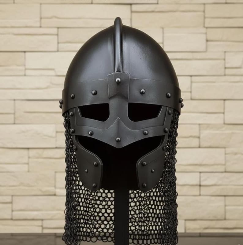 Black Viking Spangenhelm — Norse Helmet with Chainmail view 2