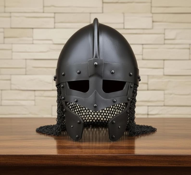 Black Viking Spangenhelm — Norse Helmet with Chainmail view 3