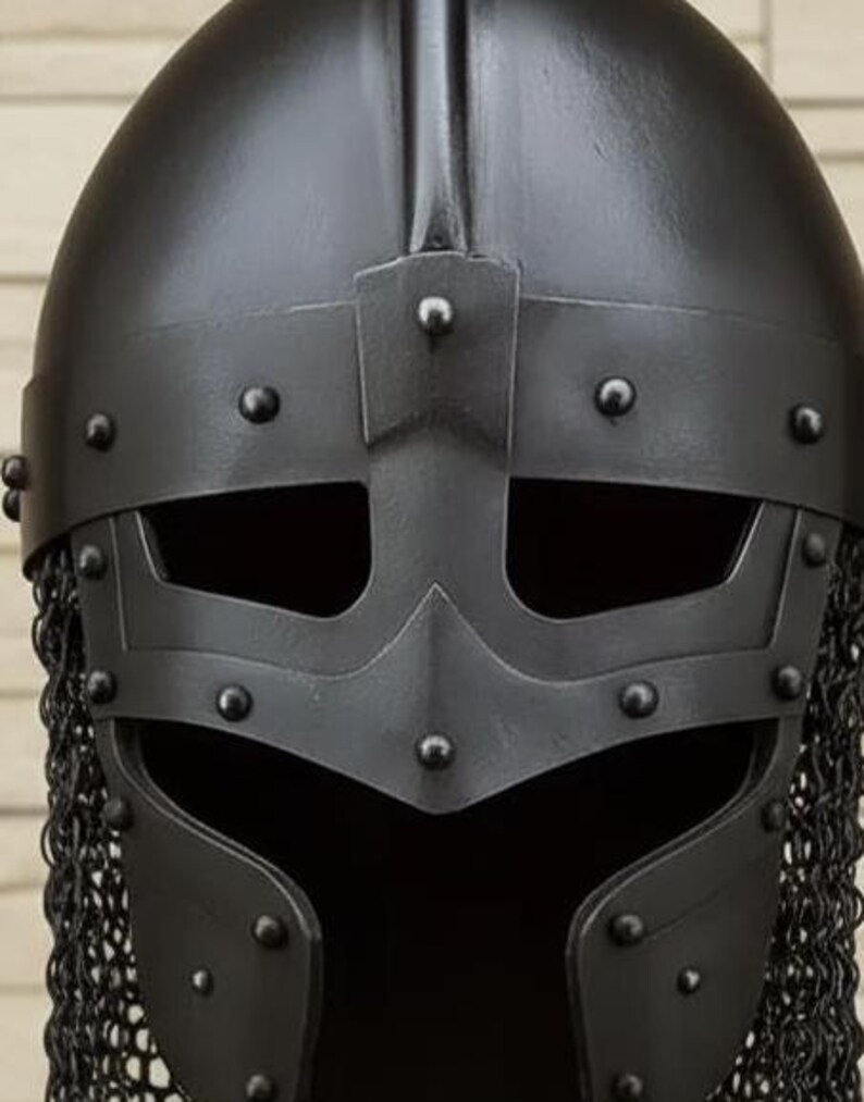 Black Viking Spangenhelm — Norse Helmet with Chainmail view 4