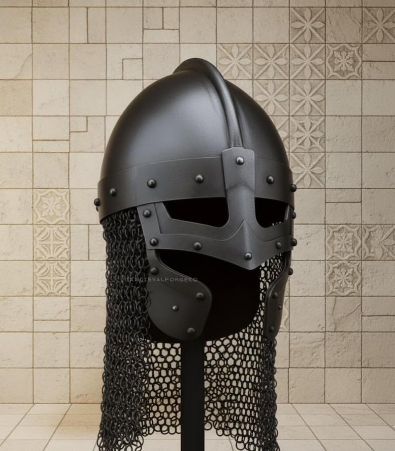 Black Viking Spangenhelm — Norse Helmet with Chainmail view 9
