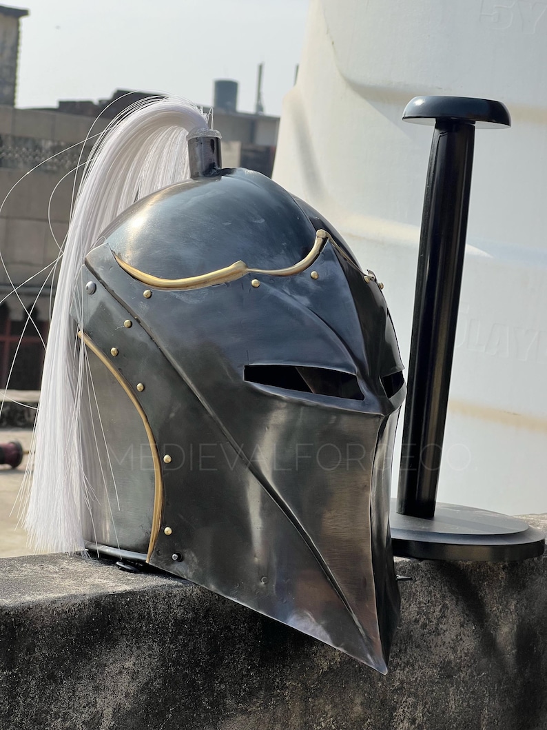 Vanguard Winged Knight Helmet — Brass Finish with Plume view 11