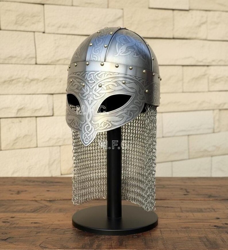 Viking Engraved Helmet with Chainmail Aventail — Norse view 3
