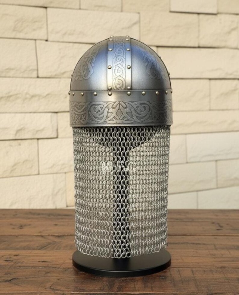 Viking Engraved Helmet with Chainmail Aventail — Norse view 4
