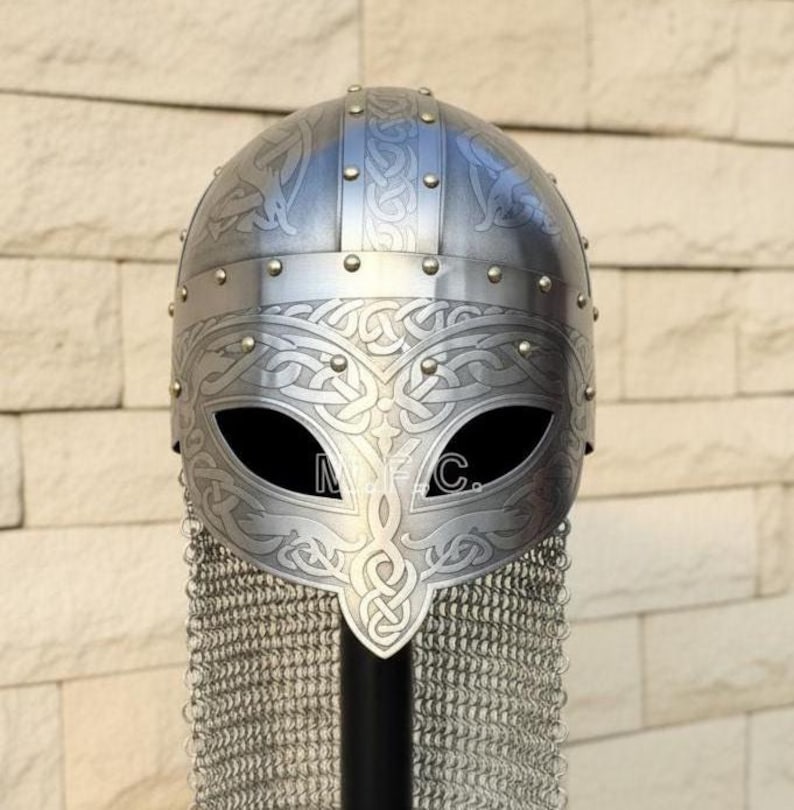 Viking Engraved Helmet with Chainmail Aventail — Norse view 8