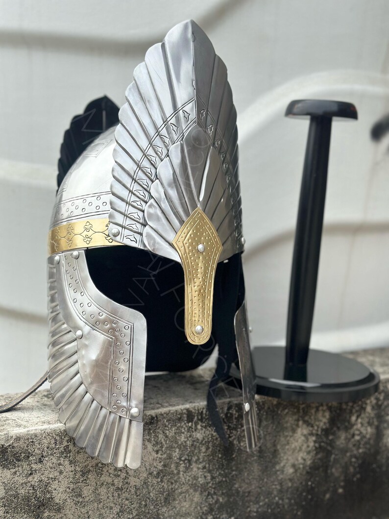 Engraved Medieval Steel Helmet — Brass Finish Wings view 2