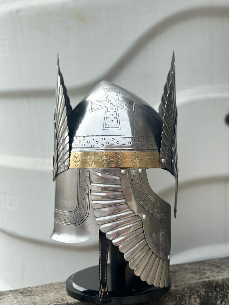 Engraved Medieval Steel Helmet — Brass Finish Wings view 3