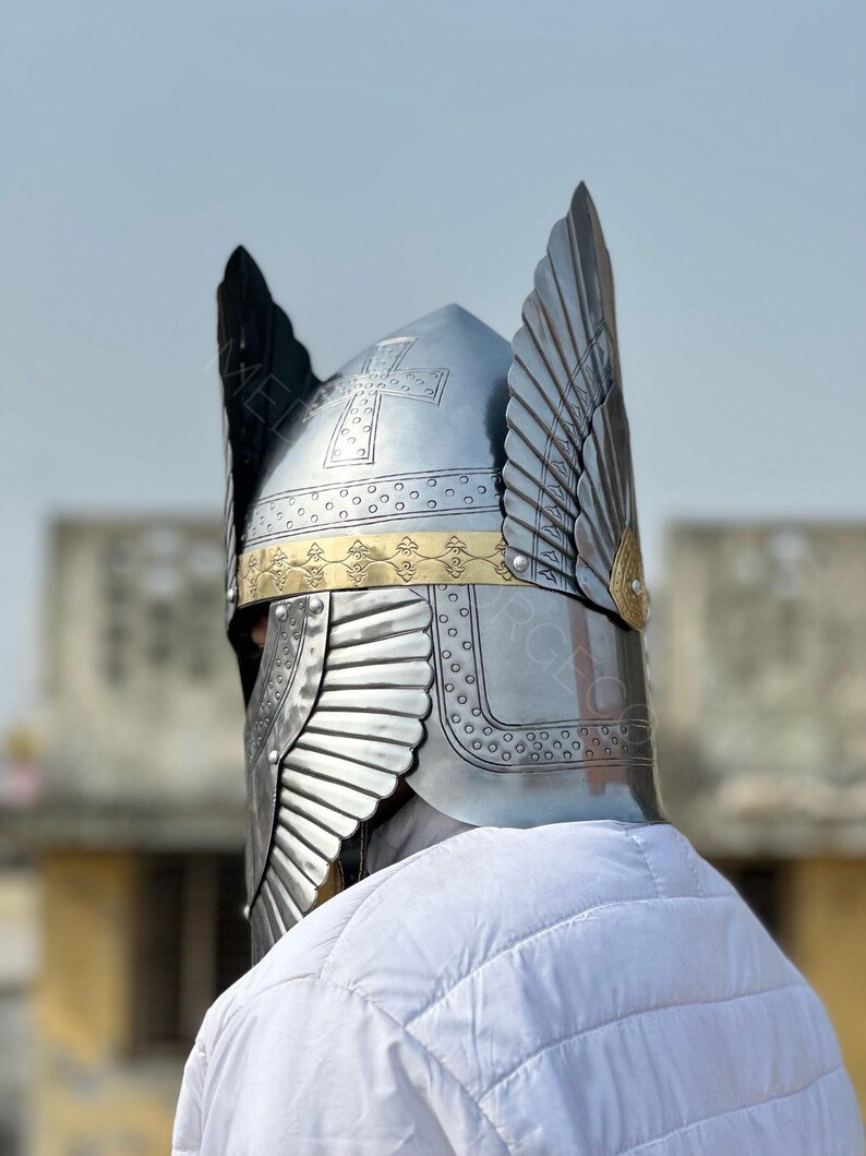 Engraved Medieval Steel Helmet — Brass Finish Wings view 5