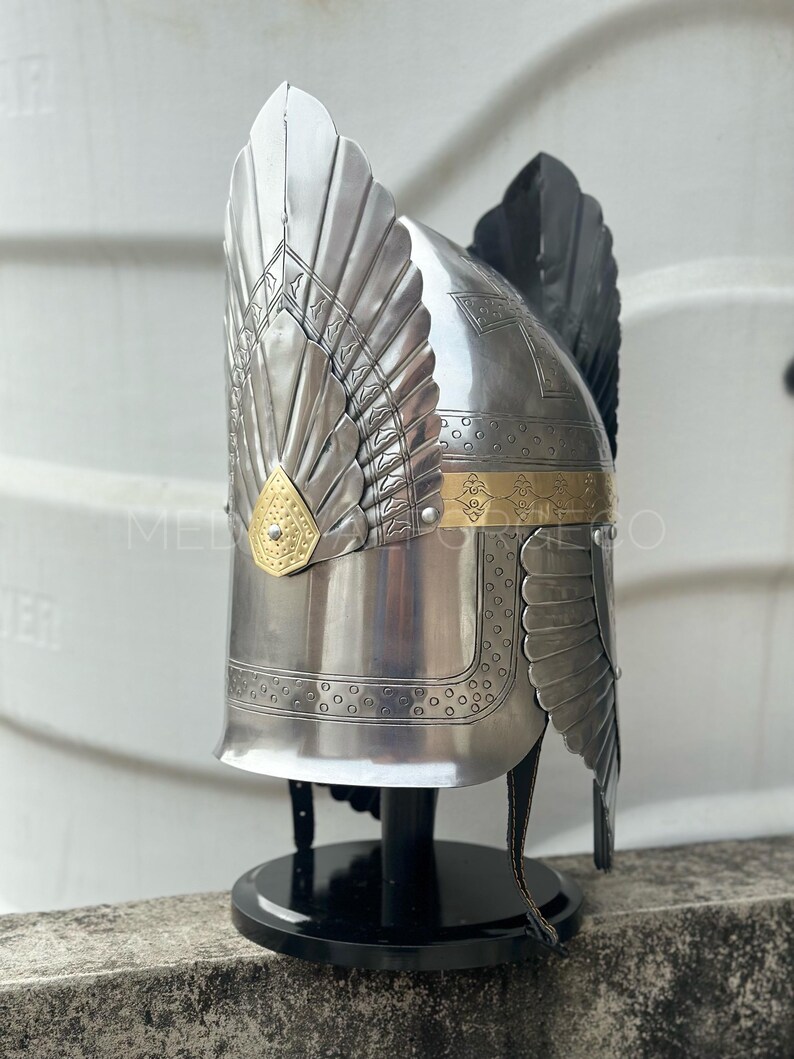 Engraved Medieval Steel Helmet — Brass Finish Wings view 6