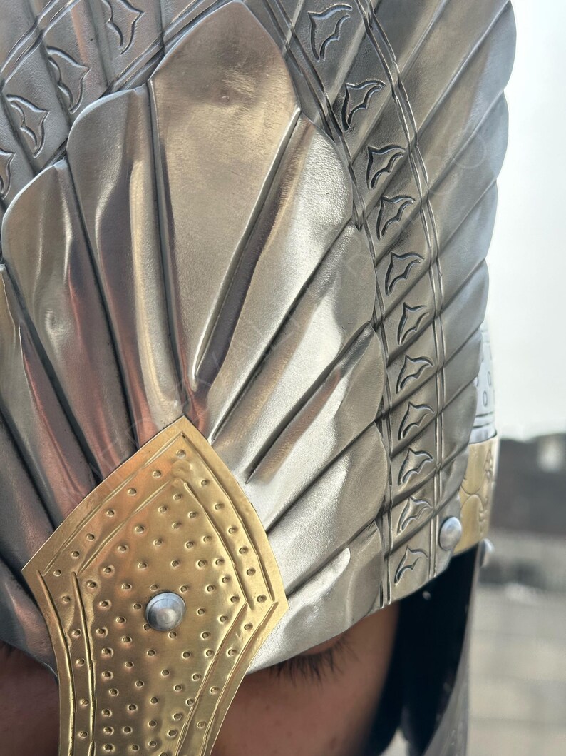 Engraved Medieval Steel Helmet — Brass Finish Wings view 7
