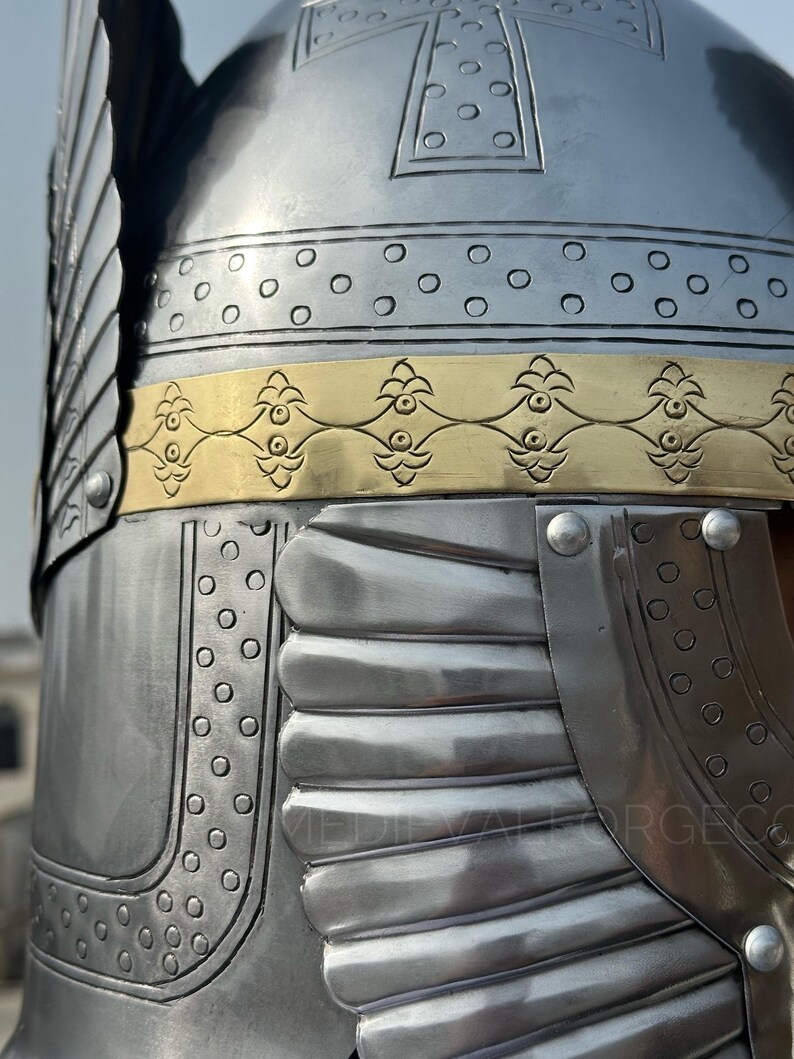 Engraved Medieval Steel Helmet — Brass Finish Wings view 8