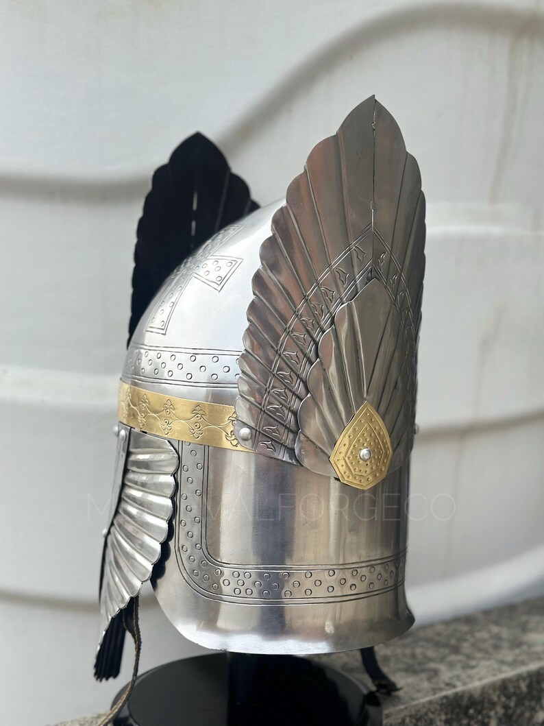 Engraved Medieval Steel Helmet — Brass Finish Wings view 10