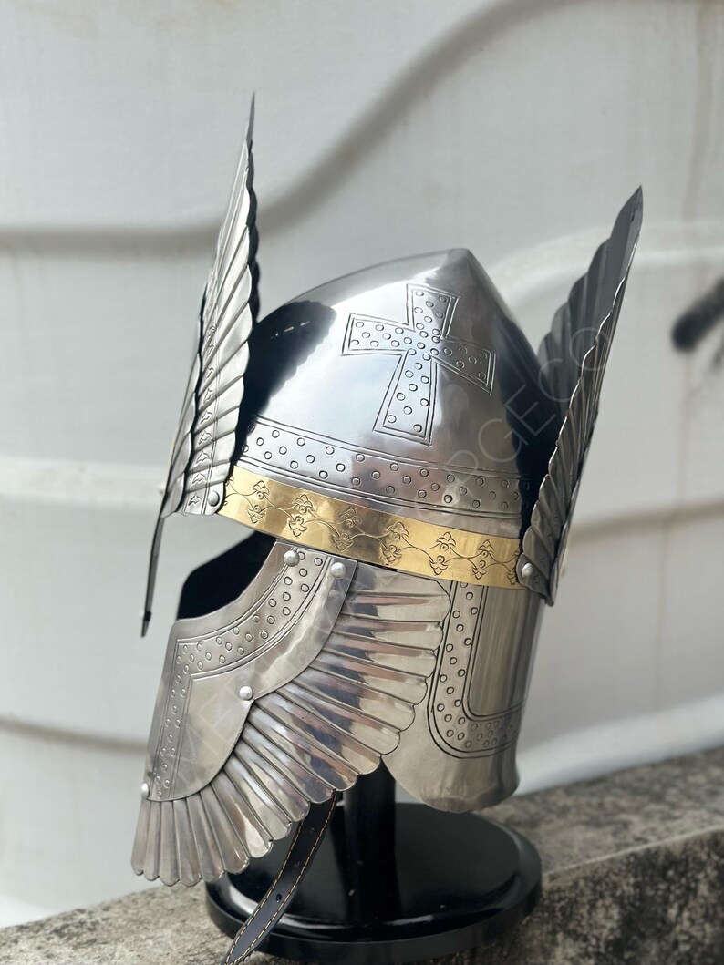 Engraved Medieval Steel Helmet — Brass Finish Wings view 11