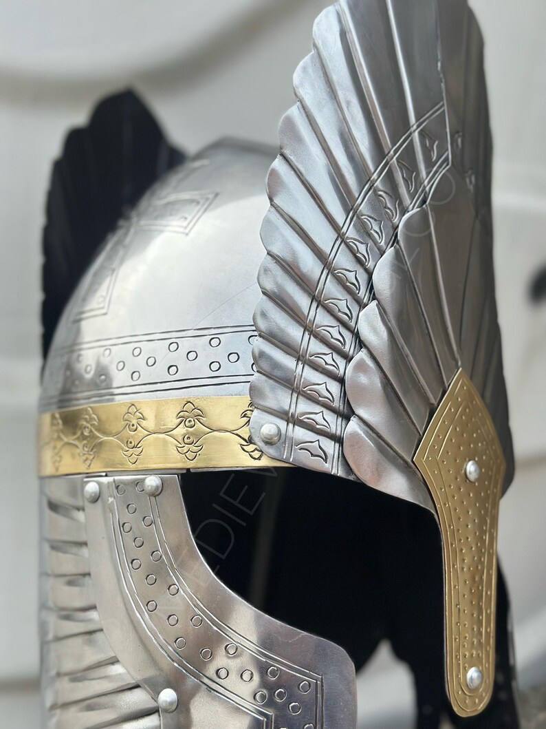 Engraved Medieval Steel Helmet — Brass Finish Wings view 12